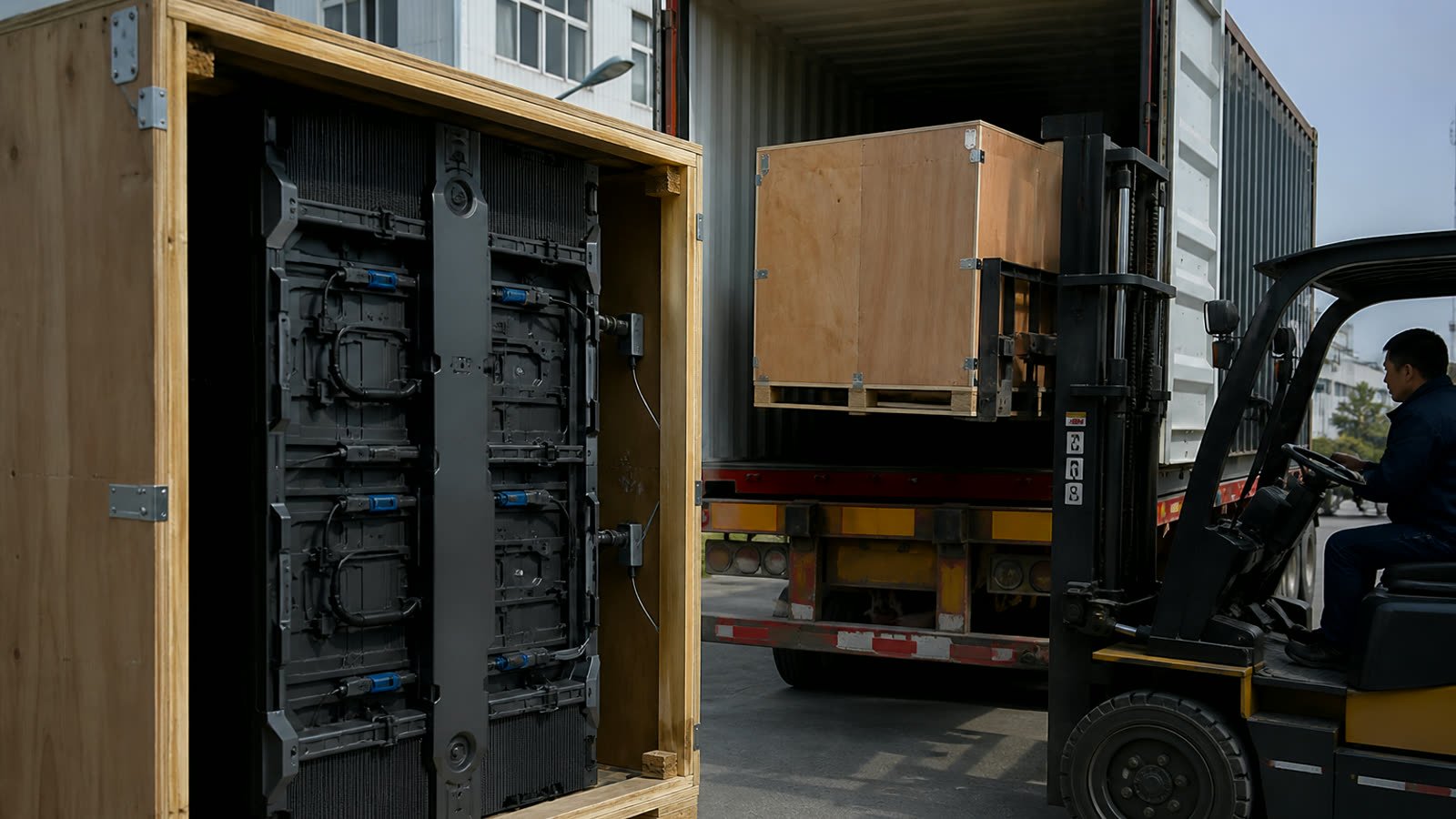 Freight crates packed with LED cabinets