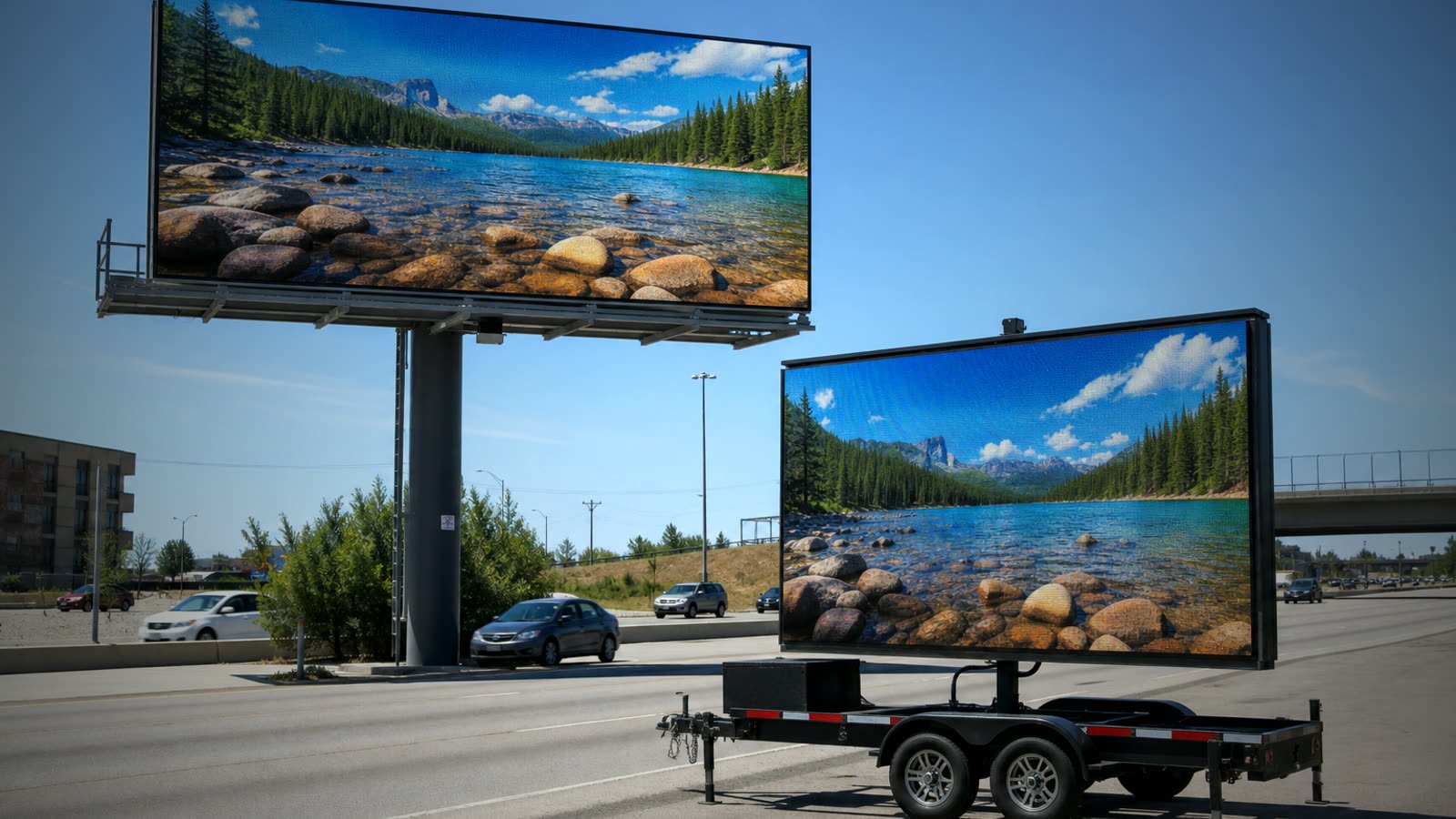 Outdoor LED billboard and trailer screen in daylight
