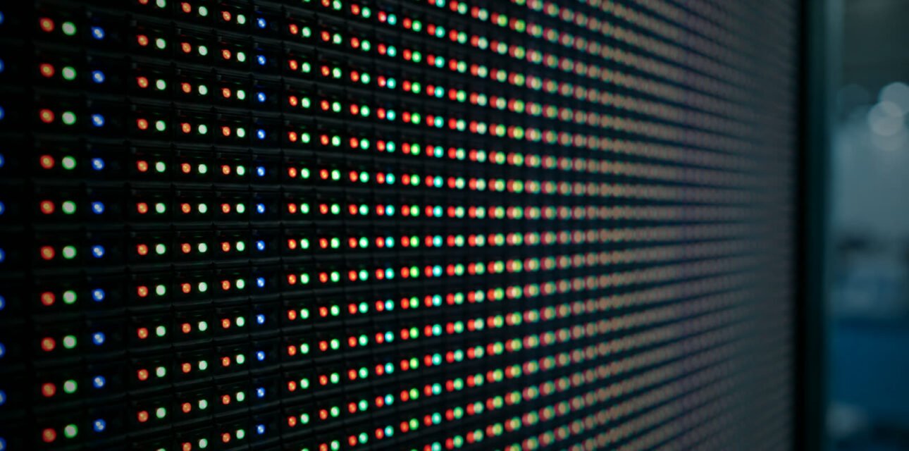 Close-up of RGB LED pixels on a fine-pitch module