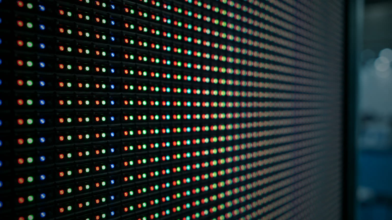 Close-up of RGB LED pixels on a fine-pitch module