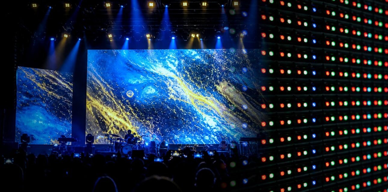 Concert-stage rental LED wall fading into a close-up RGB pixel grid, illustrating pitch at touring scale
