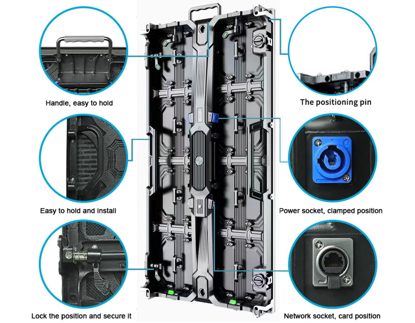 SFR-H quick locks, positioning pins, power and signal ports