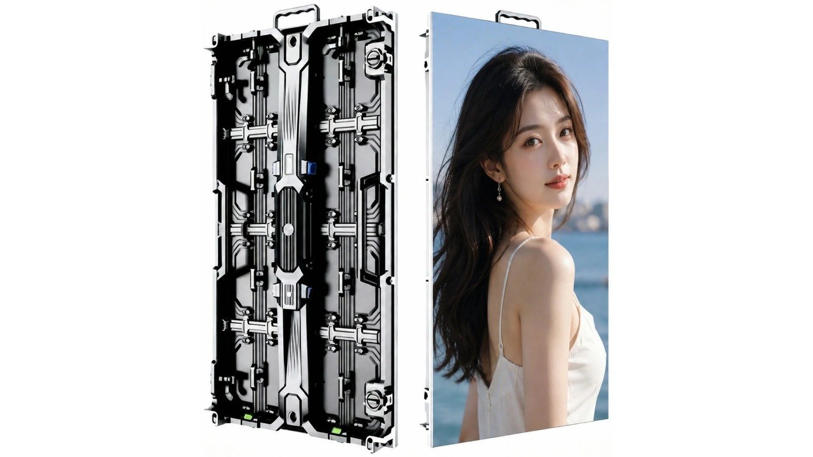SFxDisplay SFR-H rental LED cabinet front and rear on white, the box you write grayscale and scan onto the PO