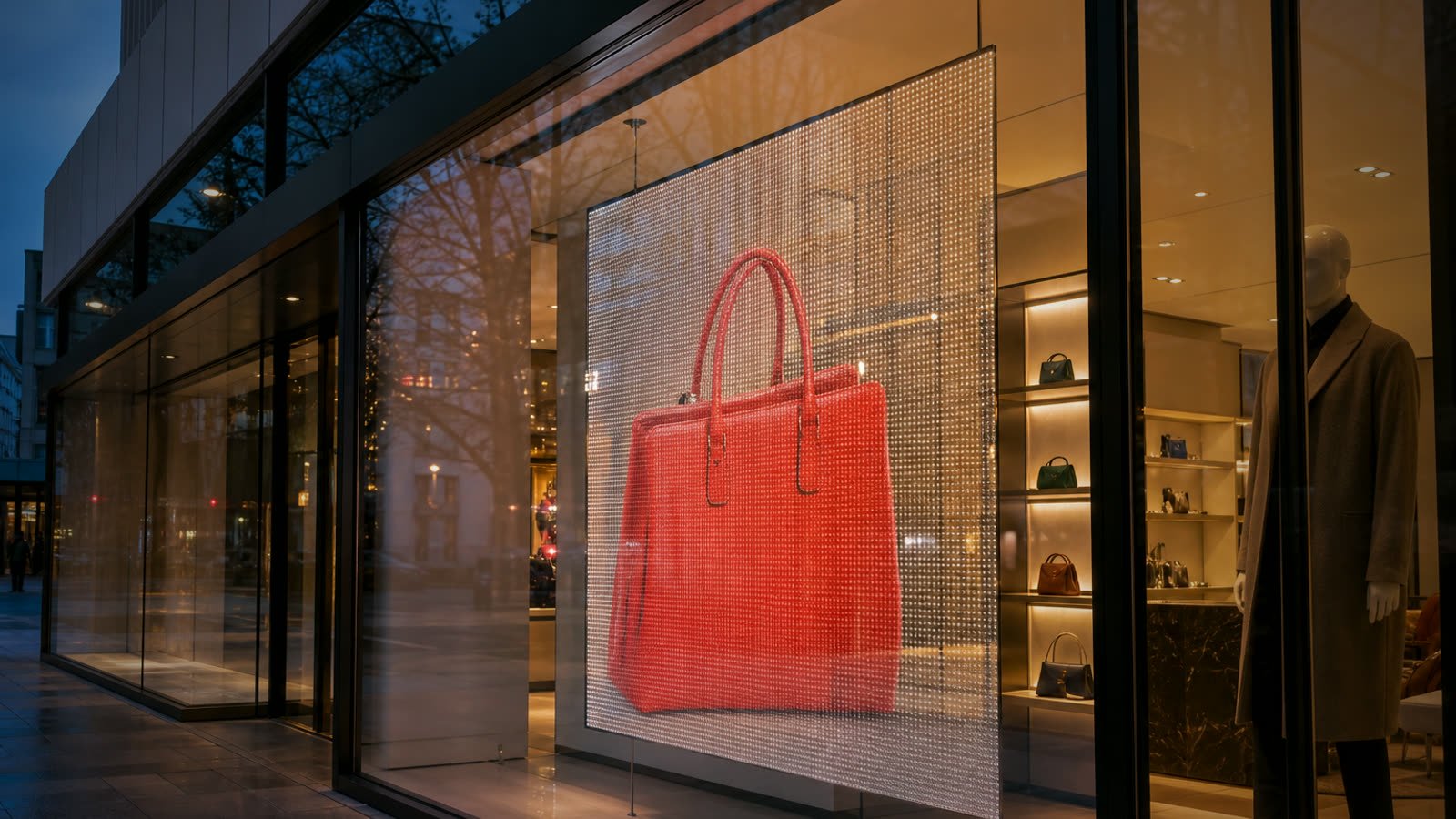 Transparent LED film on a retail storefront window