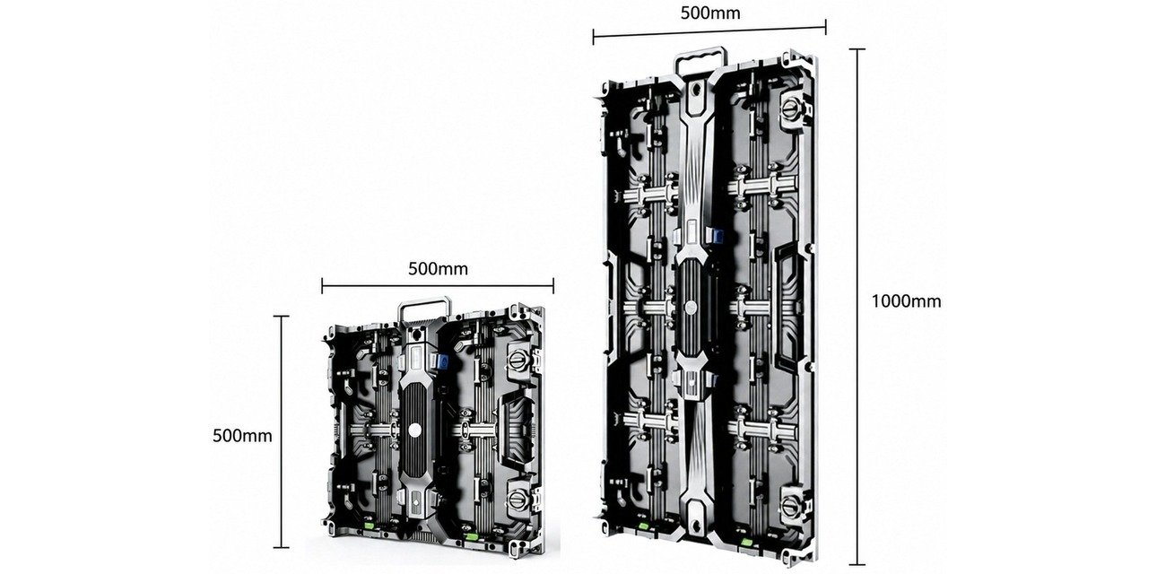 SFxDisplay SFR-H rental cabinets showing 500×500 mm and 500×1000 mm footprints with dimensions