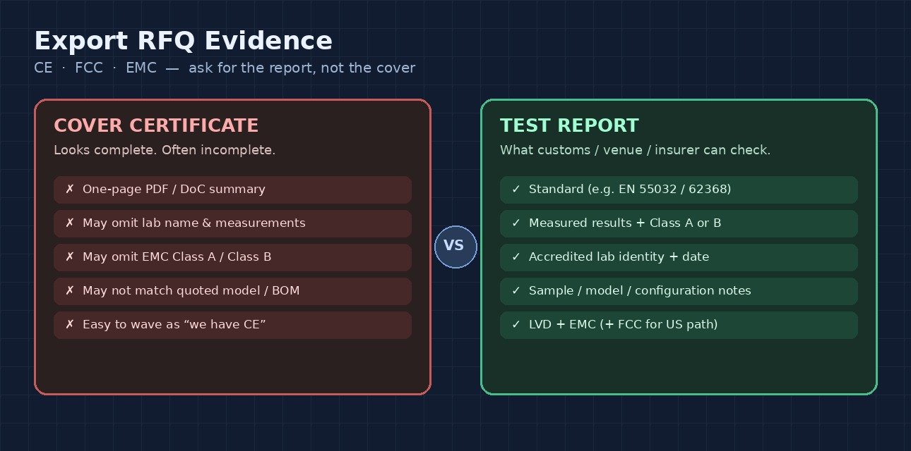 Test report vs cover certificate comparison for LED display CE, FCC and EMC export evidence