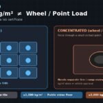 Distributed kg/m2 vs wheel point load diagram with LED floor load planning bands