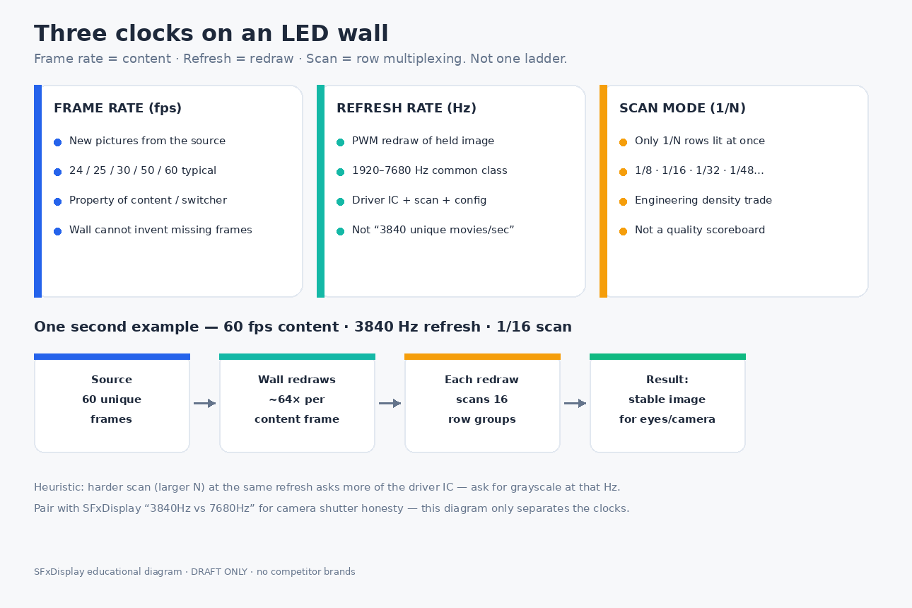 Diagram cards defining LED frame rate, refresh rate, and scan mode
