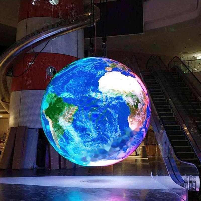 Suspended LED spherical screen in a mall atrium