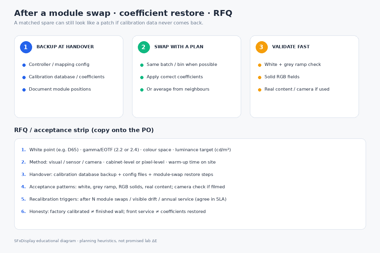 After module swap coefficient restore steps and RFQ acceptance checklist for LED calibration