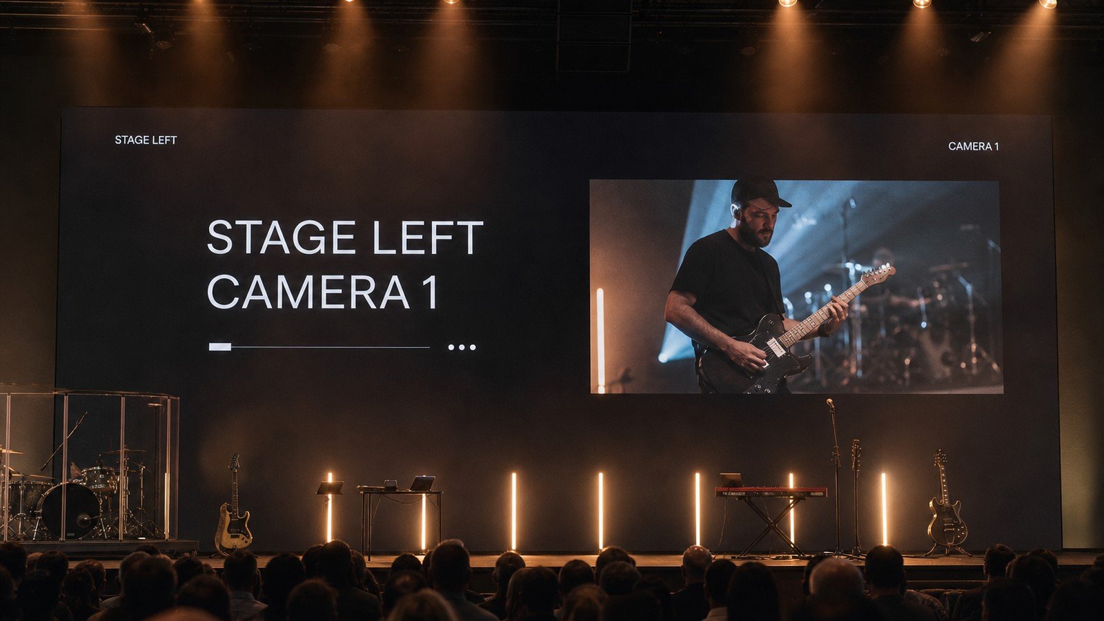 dark-background LED wall with STAGE LEFT / CAMERA 1 and an IMAG inset, typical Sunday content not full white