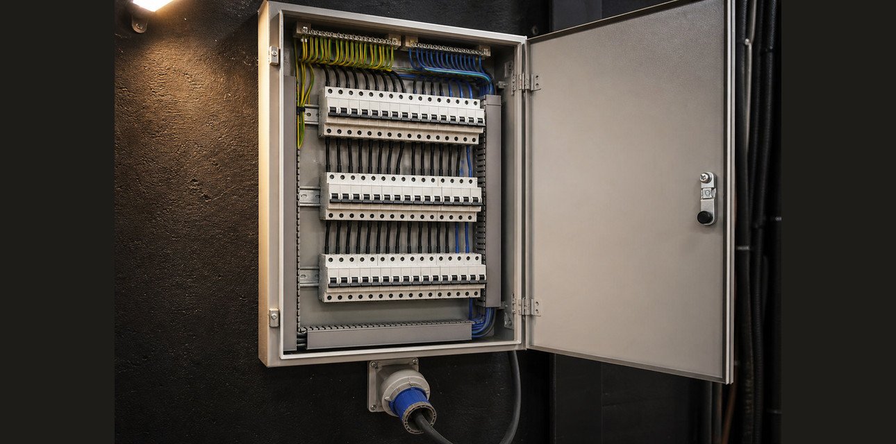 Electrical distribution panel for an LED wall hang, circuits sized for peak watts not average content.