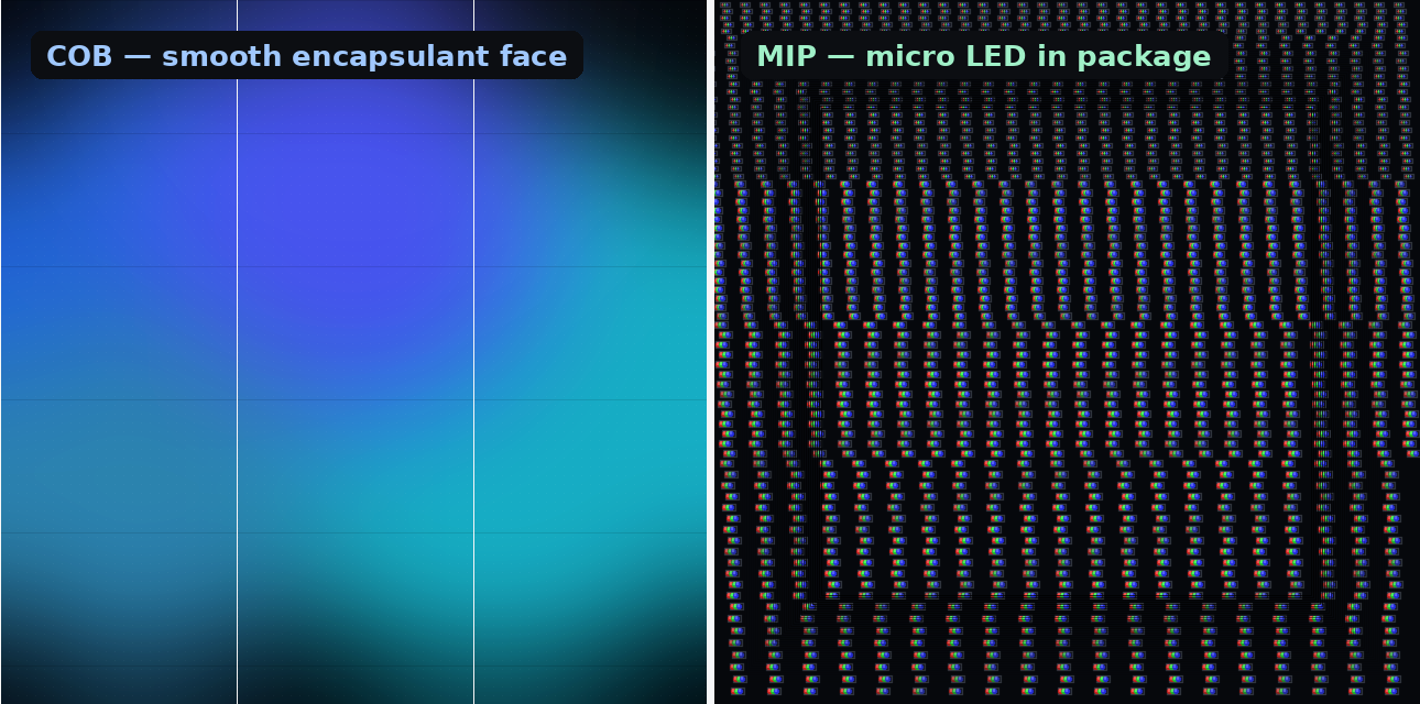 COB smooth encapsulant face vs MIP packaged micro-pixel grid